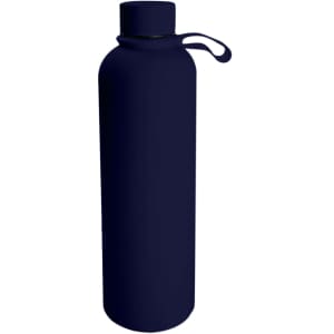 A drink bottle in a navy blue design with a secure lid and a carrying loop. It features a logo.