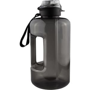 A drink bottle in a grey translucent design with a handle and a removable lid for easy access.