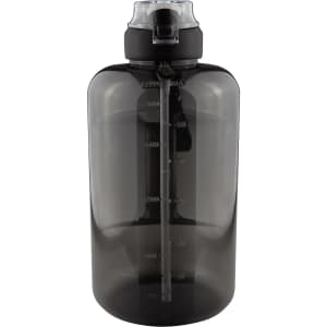 A drink bottle in transparent black with measurement markings and a secure lid. Features a logo on the side.