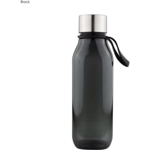 A drink bottle in black Tritan material with a silver metal lid and a black strap for easy carrying.