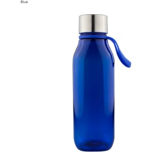 A drink bottle in a vibrant blue colour with a silver cap and a handle. It features a logo on the side.