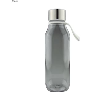 A drink bottle made of clear Tritan with a silver lid and a white carry strap.
