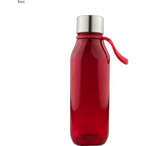 A drink bottle in a bold red colour, featuring a stainless steel cap and a matching handle, with a logo.
