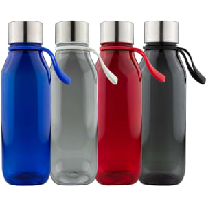 A drink bottle collection featuring blue, clear, red, and grey Tritan bottles with metallic caps and silicone straps.