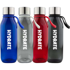 A drink bottle collection featuring blue, clear, red, and grey Tritan bottles with silver lids and straps. Each has a logo.