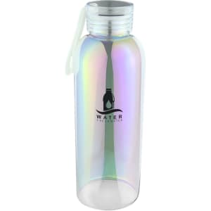 A drink bottle with an iridescent finish, featuring a secure screw lid and a logo on the front.