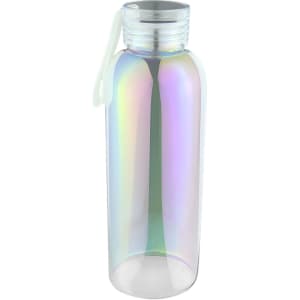 A drink bottle in a transparent, iridescent finish with a white lid and a loop for easy carrying.