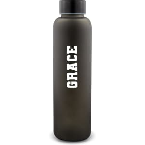A drink bottle in a sleek black matte finish with a screw-top lid and a logo.