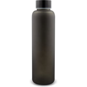 A drink bottle featuring a sleek matte black design and a silver lid, with a branding logo.