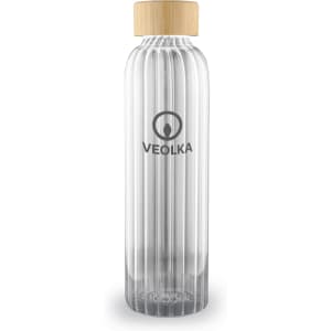 A drink bottle made of clear glass with a ribbed design and a natural wooden lid, featuring a logo.