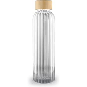 A drink bottle with a ribbed glass design and a bamboo lid, featuring a clear and elegant appearance.
