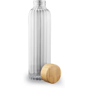 A drink bottle with a ribbed transparent glass body and a round bamboo lid.