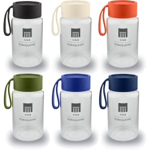 A drink bottle collection featuring six glass bottles in clear, green, navy, orange, cream, and black, with carrying straps and logos.