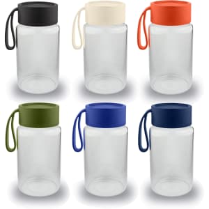 A drink bottle collection featuring clear glass designs with various coloured lids: black, cream, red, green, navy, and blue.