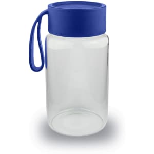 A drink bottle with a clear body and a blue lid, featuring a handle for easy carrying.