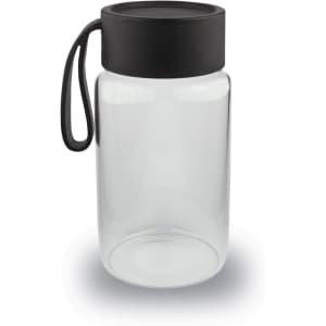 A drink bottle with a clear glass body and a black lid, featuring a flexible handle.