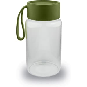 A drink bottle made of clear glass with a green silicone lid and handle. It features a simple, modern design.