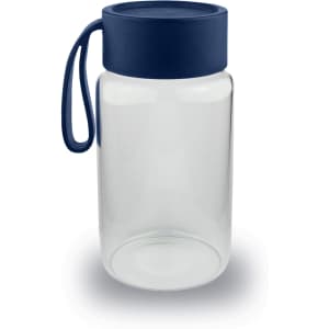A drink bottle in clear glass with a navy blue lid and handle. It has a smooth, minimalist design.
