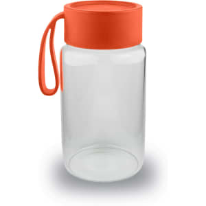 A drink bottle made of clear glass with an orange lid and a matching handle. It features a branding logo.