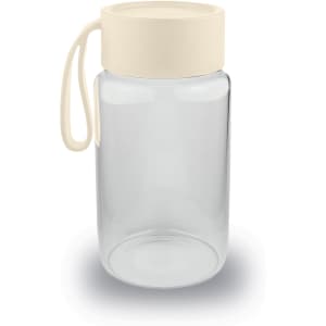 A drink bottle featuring a clear glass body and a cream-coloured cap with a handle.