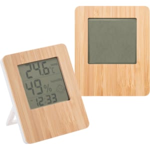 A bamboo desk clock featuring a digital display for temperature, humidity, and time, with a minimalist design.
