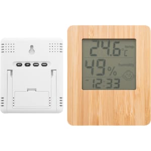 A bamboo desk clock with a digital display showing temperature, humidity, and time. The back is white with buttons.