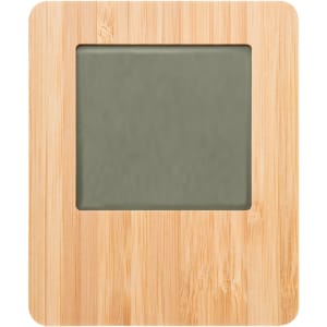 A bamboo desk clock with a natural wood finish and a square green clock face. It features a logo.