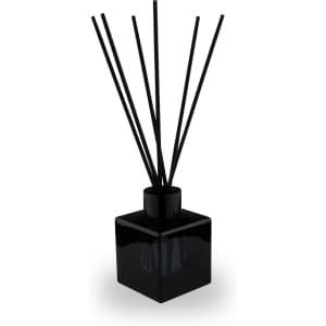 A black square reed diffuser with six black sticks, elegantly designed for home fragrance.