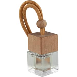 A clear glass car reed diffuser with a wooden cap and a tan cord for hanging.