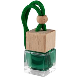 A green car reed diffuser with a wooden cap and a green cord for hanging.