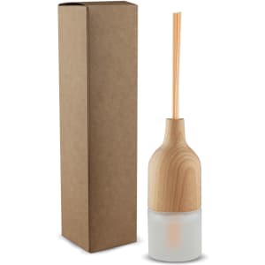 A wooden reed diffuser with a light-coloured base and natural wood top, packaged in a brown box.