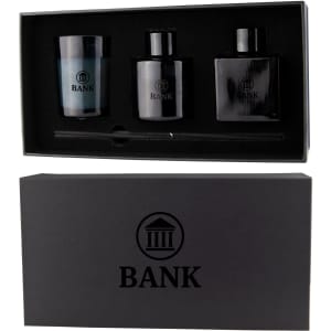 Aroma diffuser and candle gift box featuring a black design, including a candle and two scent bottles.