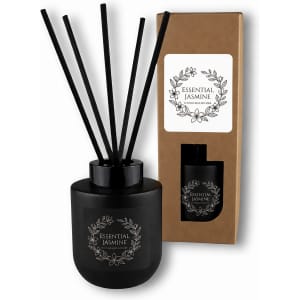 A black botanical reed diffuser with essential jasmine scent, featuring black reeds and a decorative box.