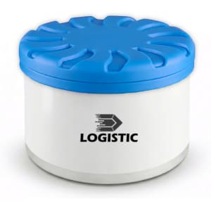 A round air freshener container with a blue lid and white base, featuring a logo on the front.