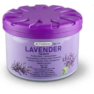 A purple air freshener container labelled "Lavender" with a floral design and a twist-off lid.
