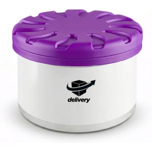 A round container with a purple lid and a white base, featuring a logo on the side.
