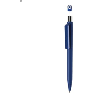 A blue plastic pen with a clip and a rounded top, featuring a logo on the clip.