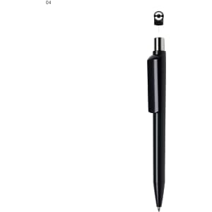 A black plastic pen with a sleek design and a silver clip, featuring a logo.