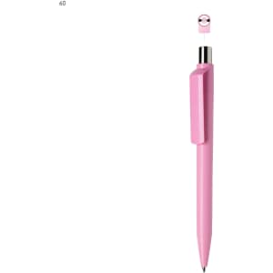 A pink plastic pen with a distinctive design and a clip, featuring a small logo at the top.