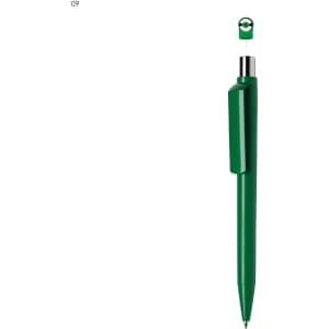 A green plastic pen with a sleek design and a cap, featuring a branding logo.