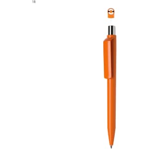 An orange plastic pen with a removable cap and a clip. The pen features a shiny silver tip and has a logo.