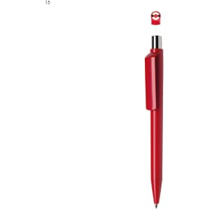 A red plastic pen with a sleek design and a silver clip, featuring a logo on its body.