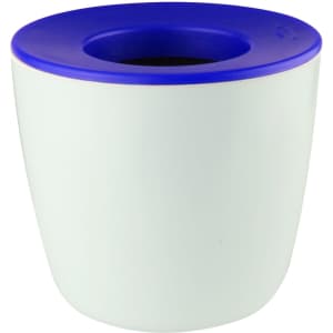 A mini desk plant pot in white with a blue rim, featuring a branding logo. Perfect for home or office decor.