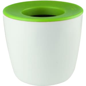 A mini desk plant pot in white with a vibrant green top rim. Features a smooth finish and a circular opening.