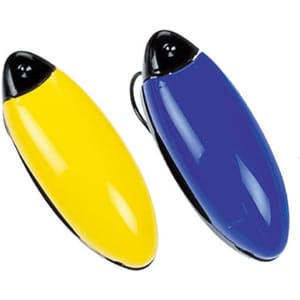Two sunglasses holders in yellow and blue, featuring a sleek, oval design with black accents.