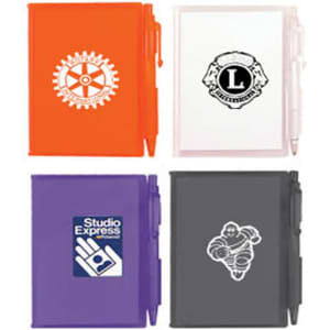A memo holder with ball pen in orange, white, purple, and grey, featuring various logos on the covers.