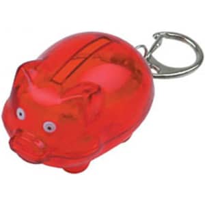 A red piggy bank keyring with cute eyes, featuring a coin slot on top and a metal keyring attachment.