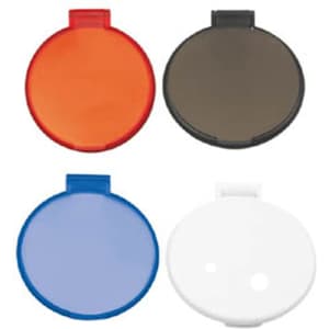Four circular mirror cases in orange, black, blue, and white, featuring solid colours and a clasp closure.