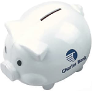 A white pig-shaped coin bank with a slot on top and a logo on the side.
