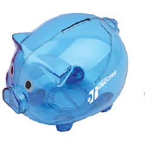 A blue pig-shaped coin bank with a slot on top and two eyes, designed for saving money.